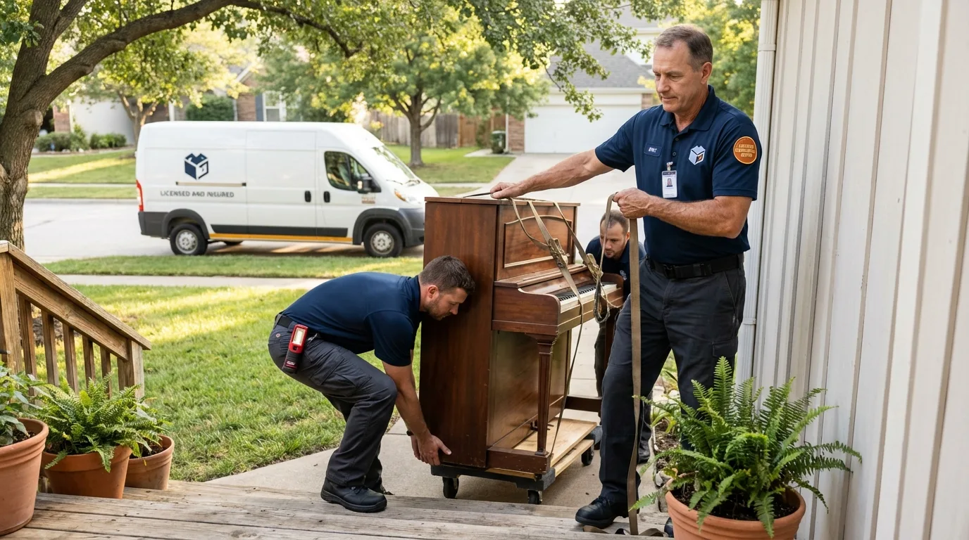 Licensed piano movers securing grand piano in Rose Hill, KS