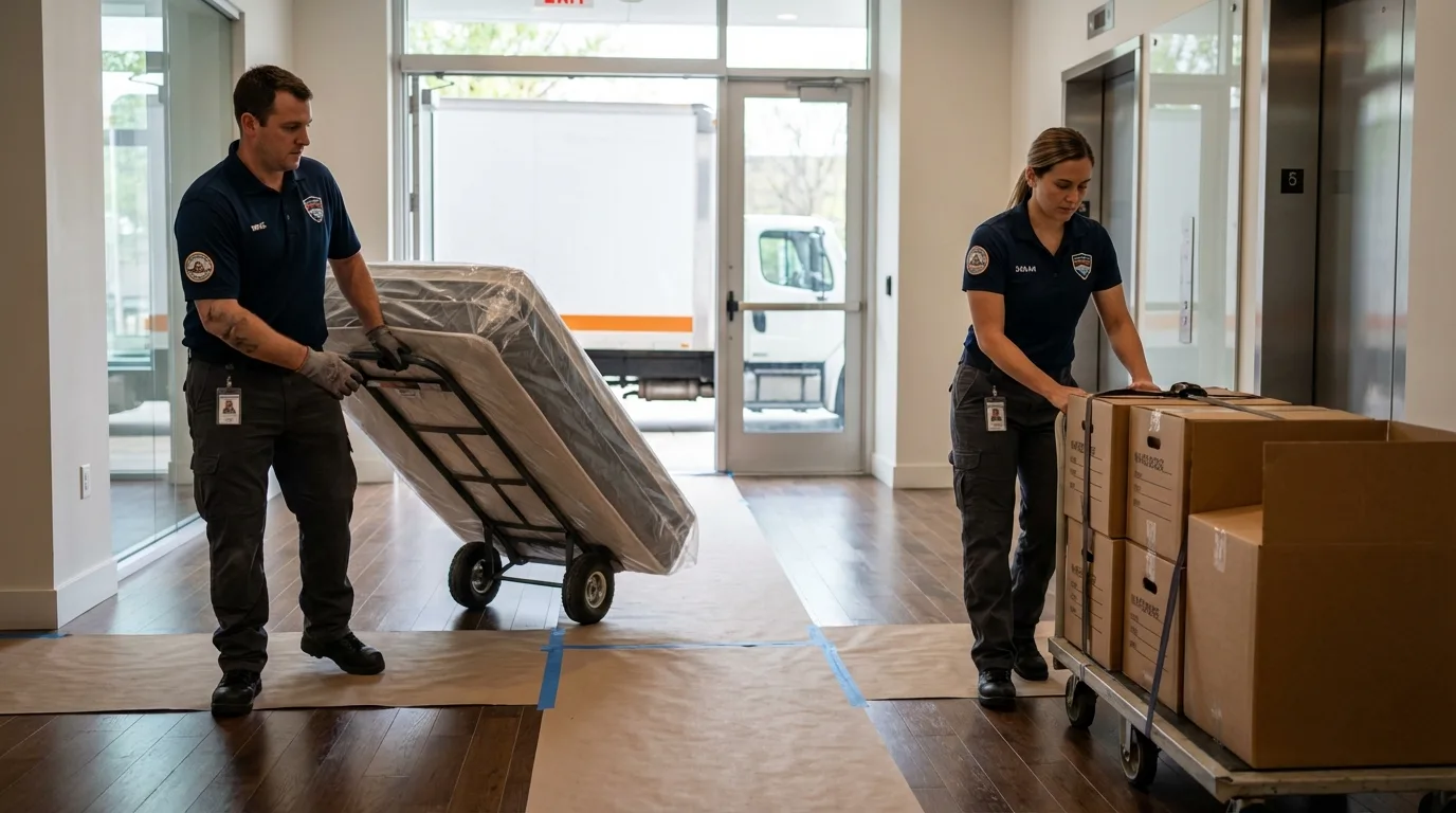 Professional apartment movers loading elevator in Rose Hill, KS